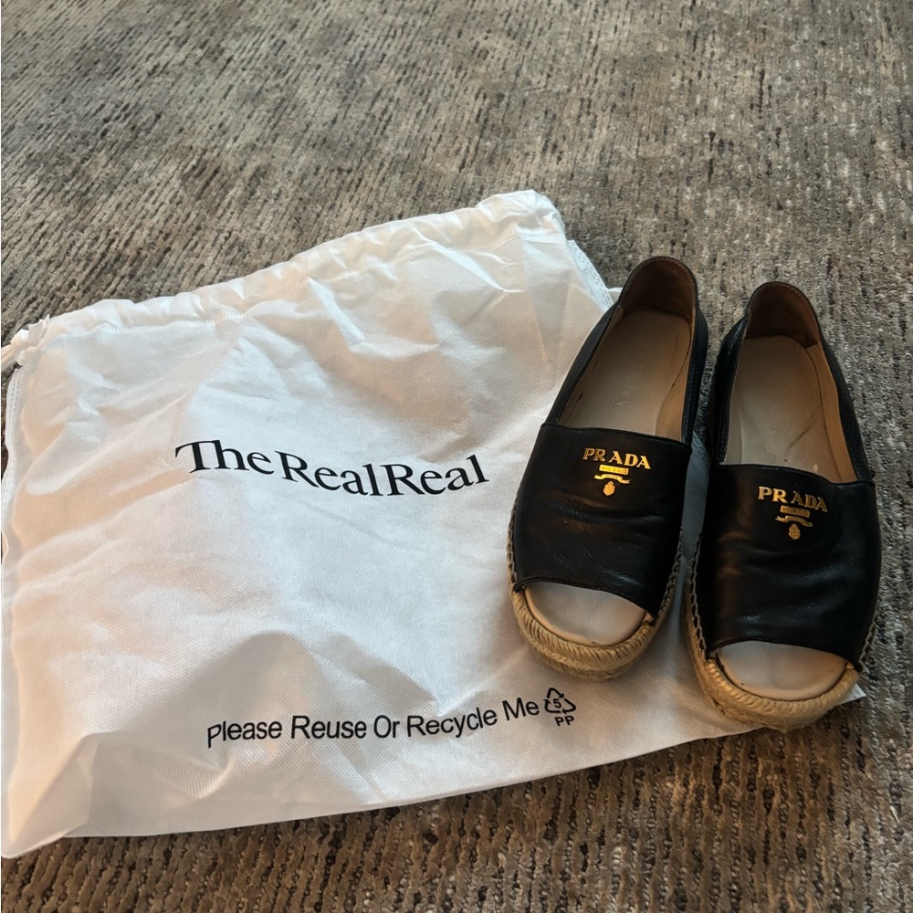 Prada Black Leather Espadrille Slides